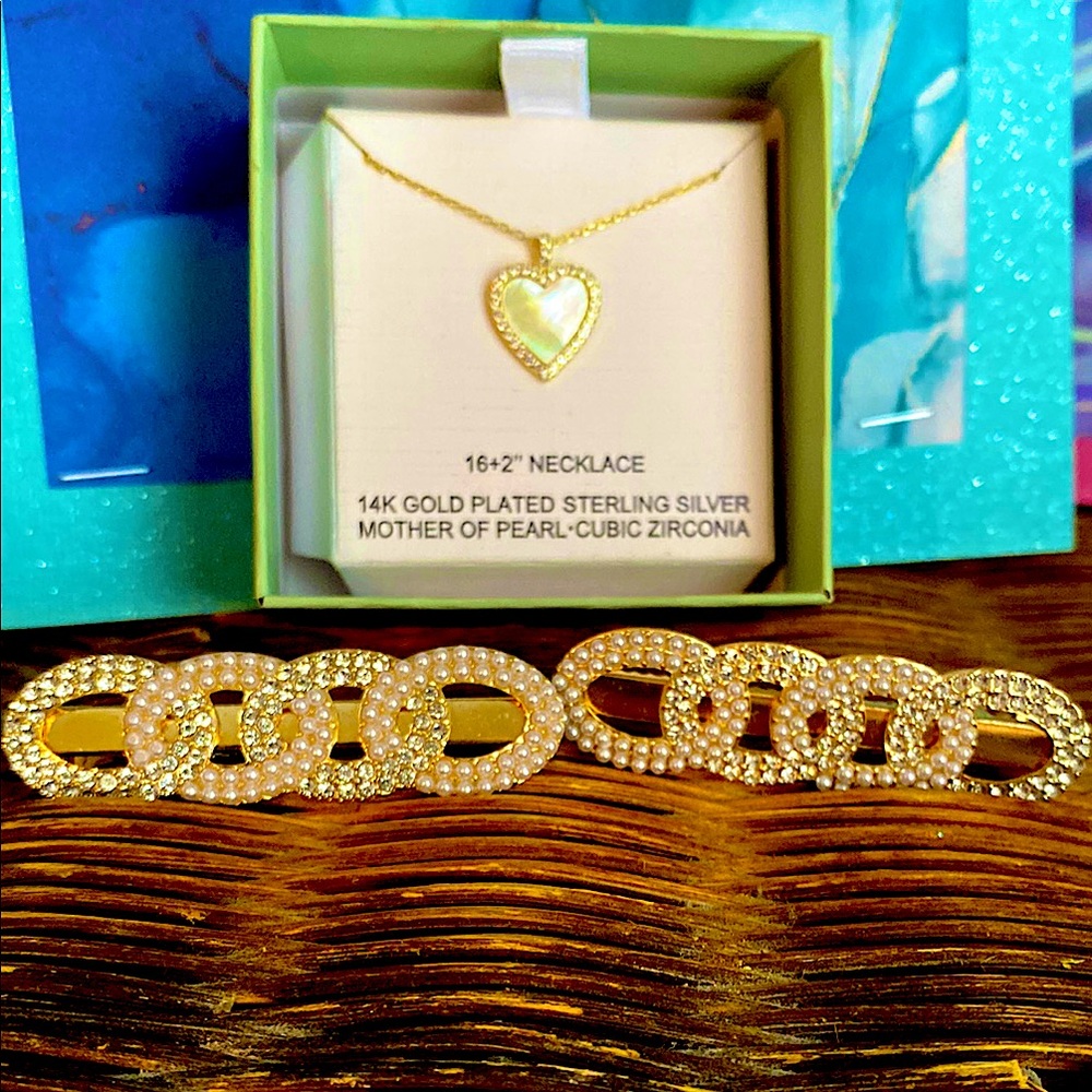 14K Gold Heart Necklace with Mother of Pearl and Cubic Zirconia & 2 FREE clips